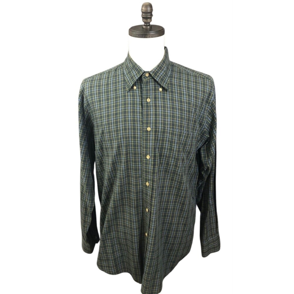 Lands End Button Down Shirt Mens Green And Blue Plaid Large